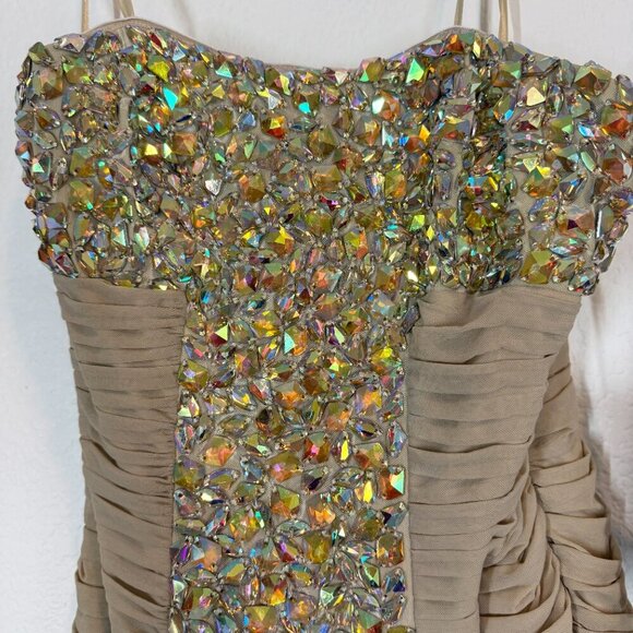 La Femme Strapless Beaded Cocktail Dress Nude Gold Ruched Mini Y2K 8 - Picture 5 of 10